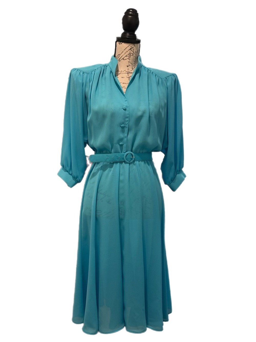 Vtg 80s Petites by Willi Turquoise Chiffon Secretary Midi Dress w/ Belt Sz 10